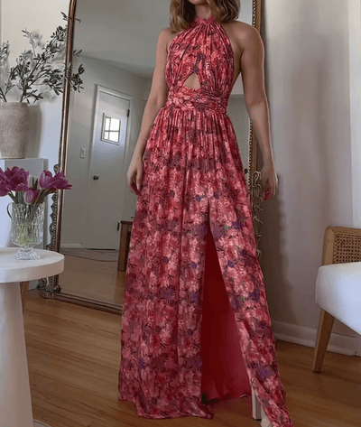 Aegea – Halter Neck Cutout Maxi Dress in Red