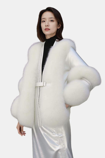 Alethea – White V-Neck Patchwork Mink Coat