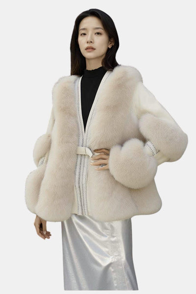 Alethea – White V-Neck Patchwork Mink Coat
