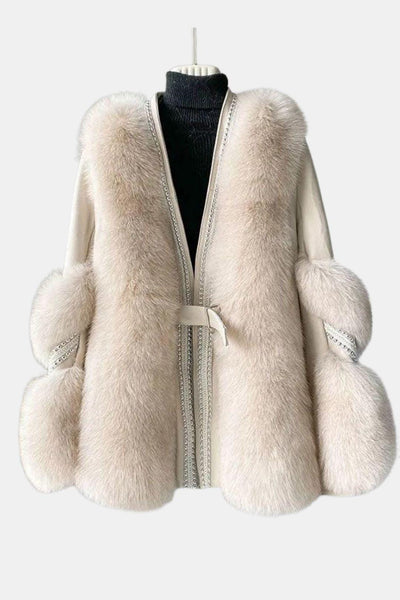 Alethea – White V-Neck Patchwork Mink Coat