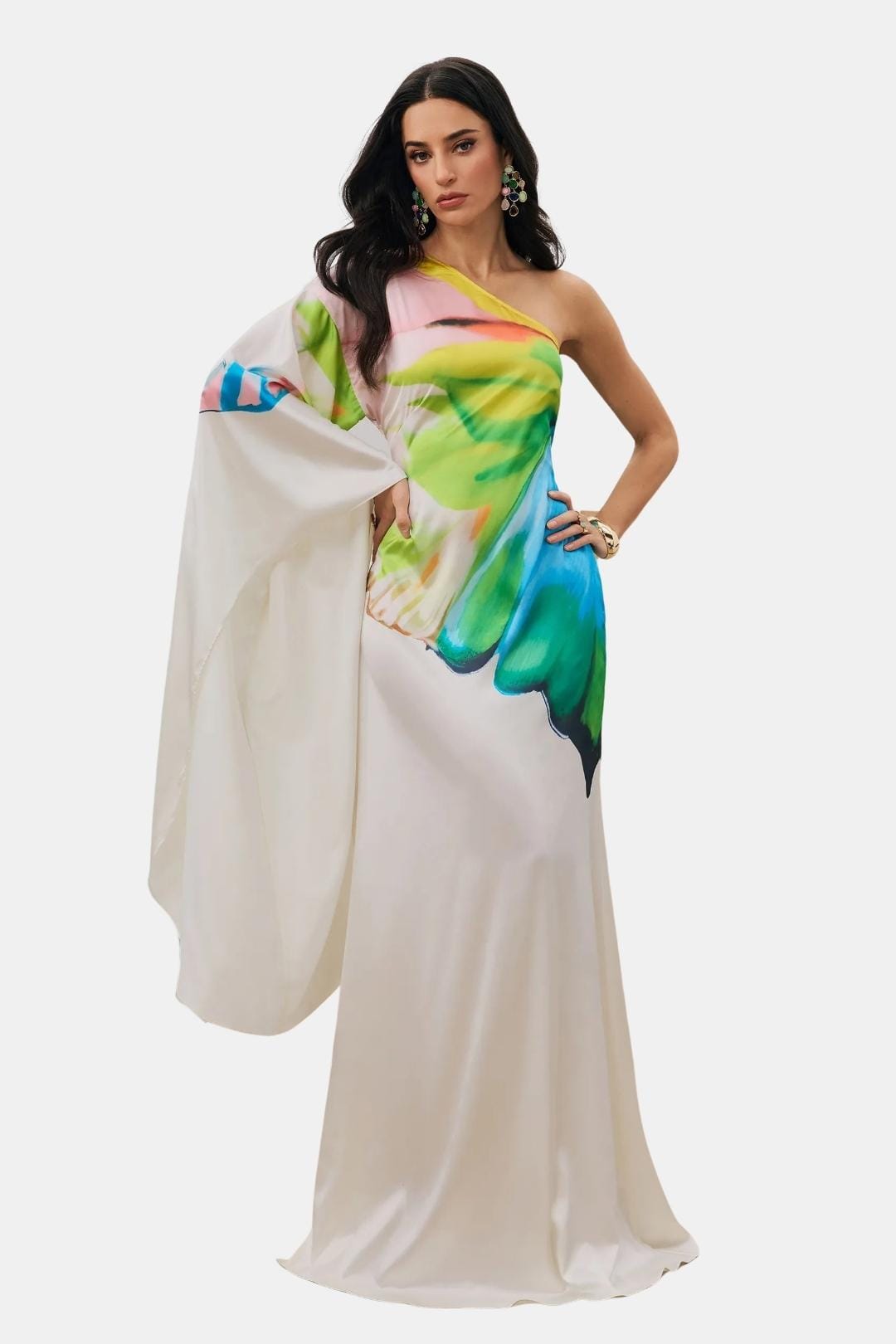 Alivora - Printed Single Sleeve Maxi Cocktail Dress