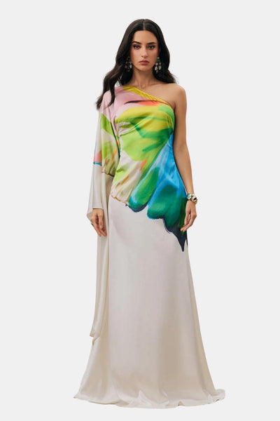 Alivora - Printed Single Sleeve Maxi Cocktail Dress