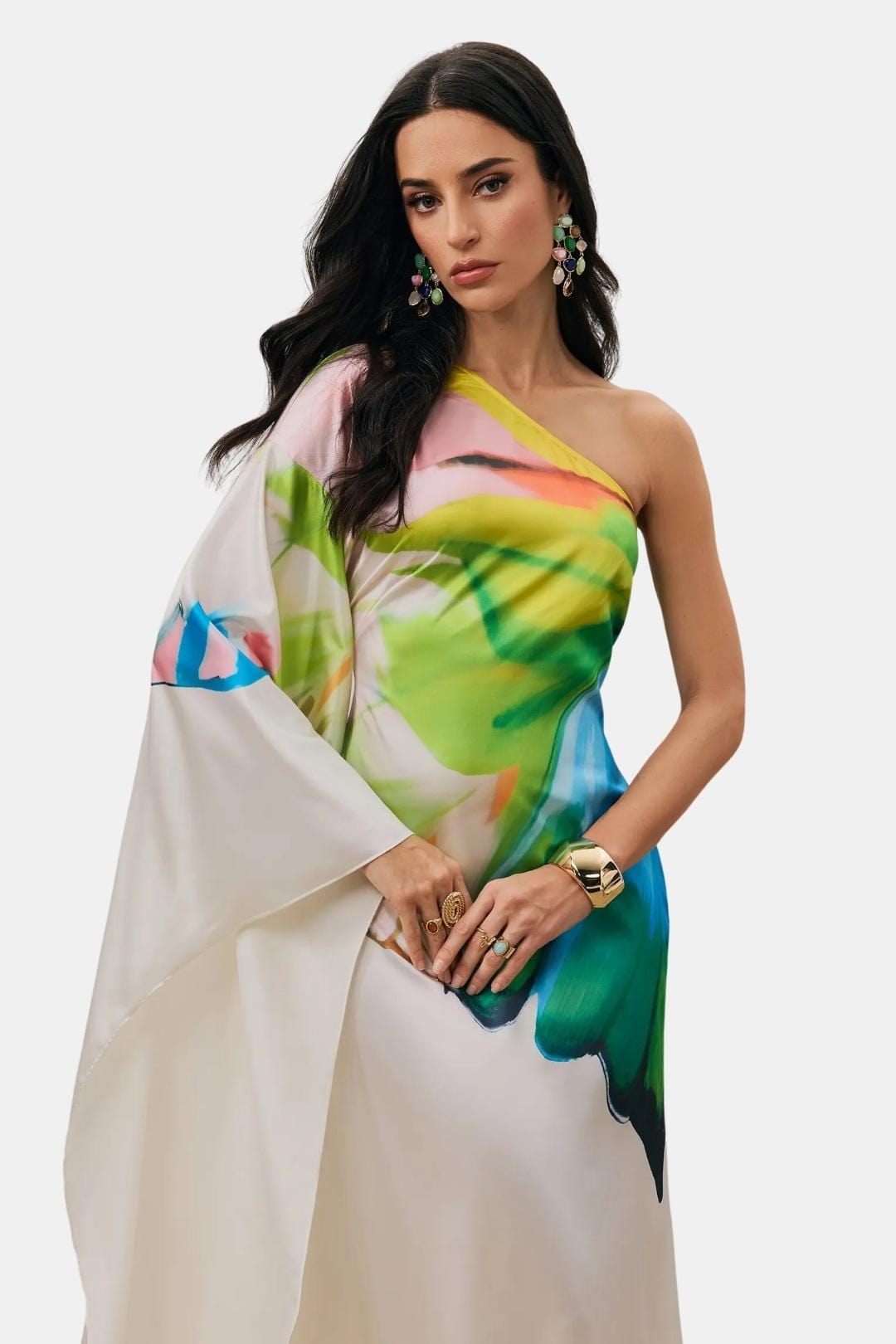 Alivora - Printed Single Sleeve Maxi Cocktail Dress