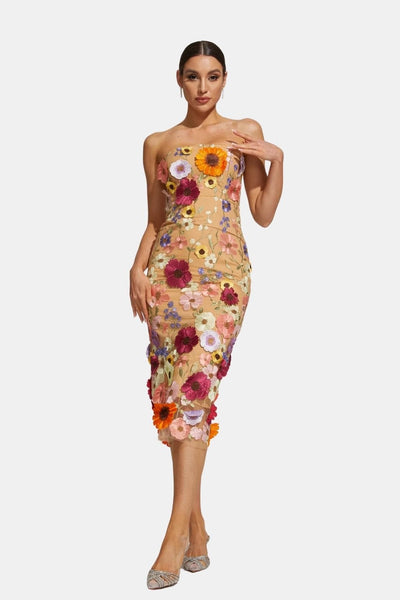 Amarisa – Embroidered Floral Strapless Midi Dress