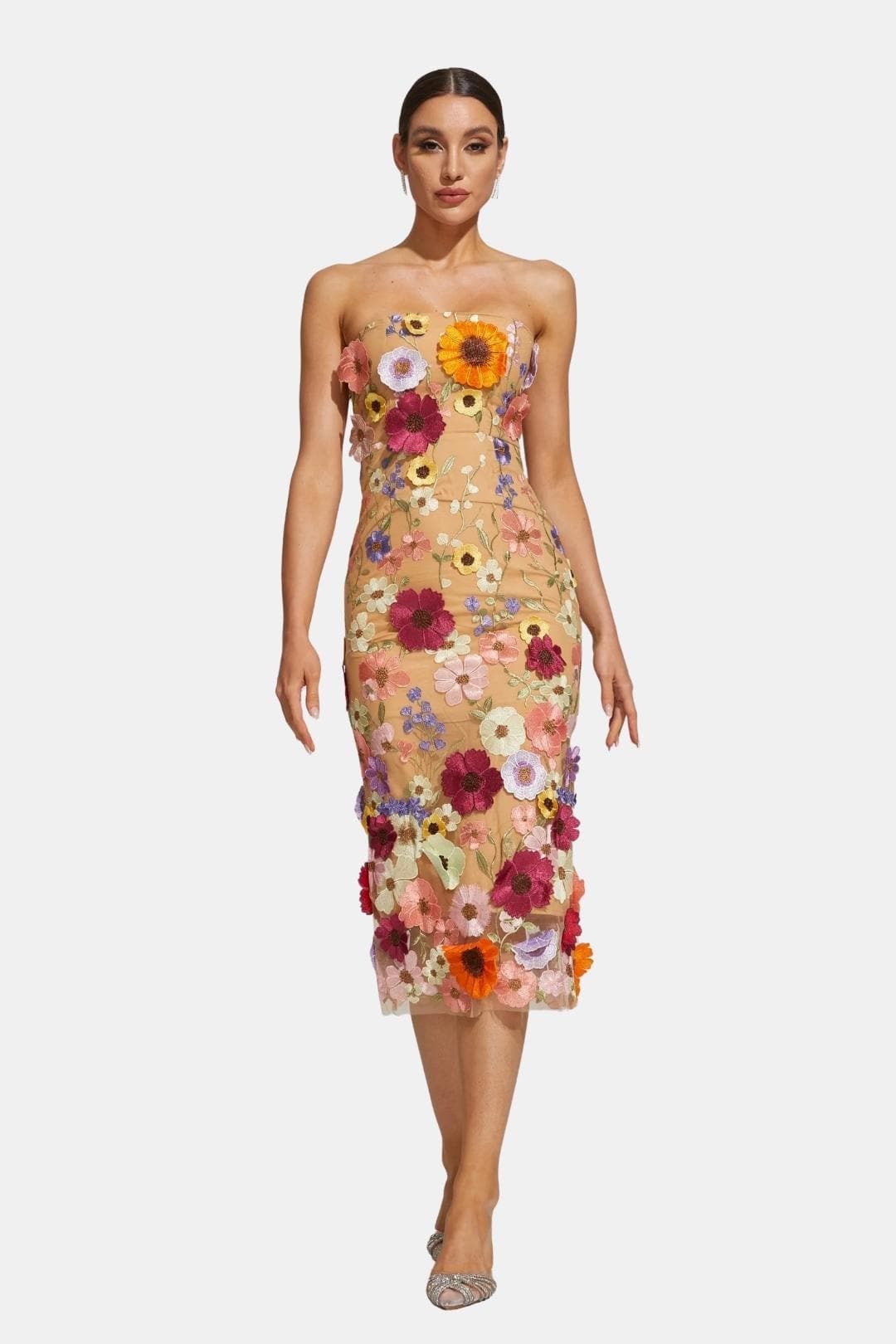 Amarisa – Embroidered Floral Strapless Midi Dress