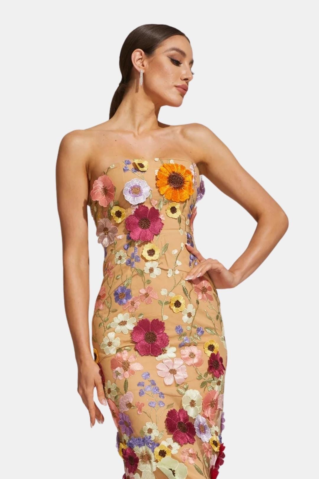 Amarisa – Embroidered Floral Strapless Midi Dress