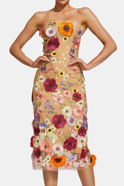 Amarisa – Embroidered Floral Strapless Midi Dress