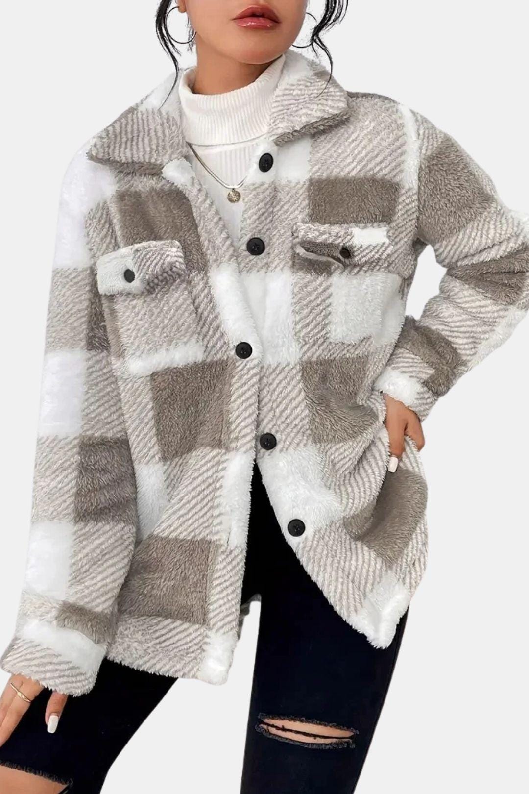 Anne - Plaid Fleece Jacket with Button Detail