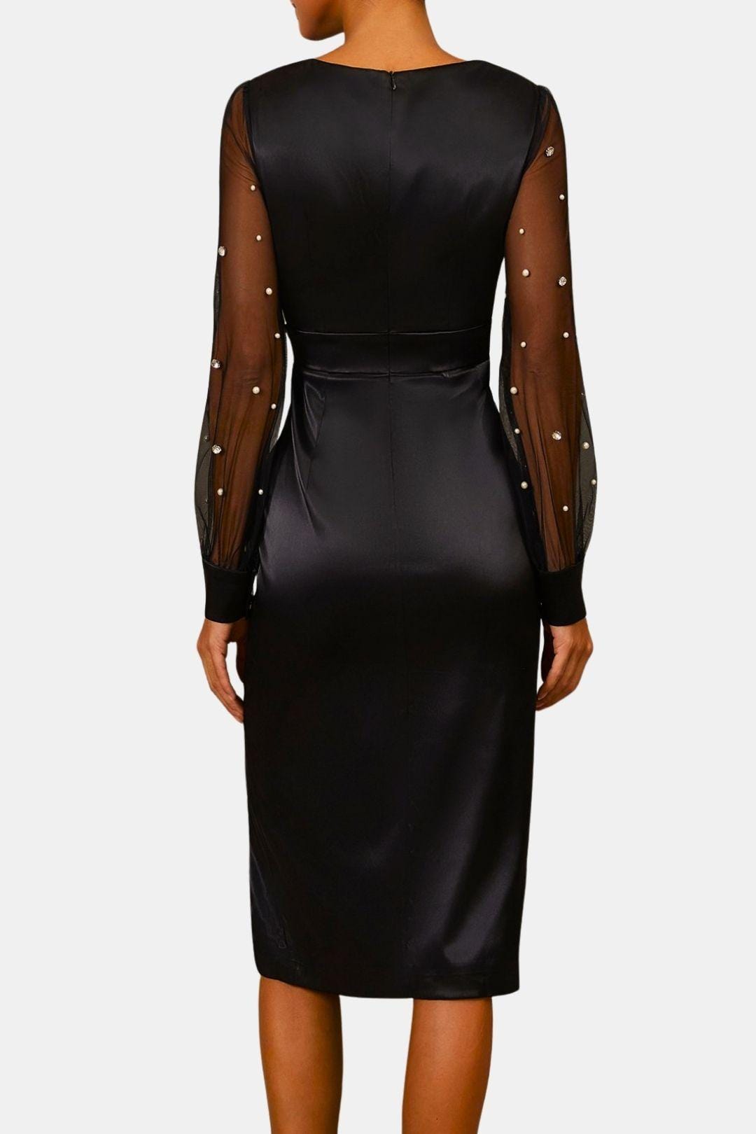 Araminta – Black Beaded Slit Satin V-Neck Midi Dress
