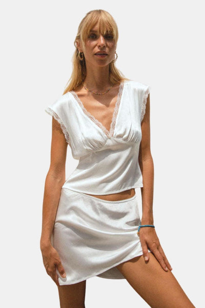 Arden – Lace Trim Satin Skirt Set