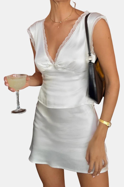 Arden – Lace Trim Satin Skirt Set