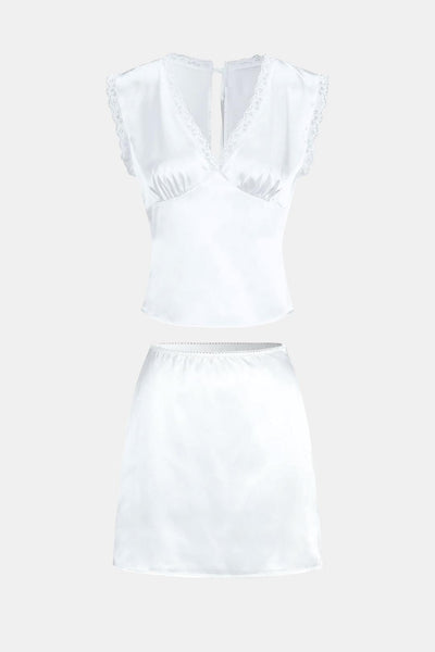 Arden – Lace Trim Satin Skirt Set