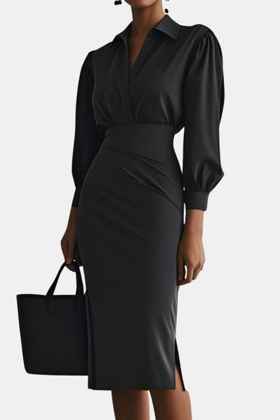 Artemisia – Light Grey Ruched Shirt Collar Two-Piece Skirt Set
