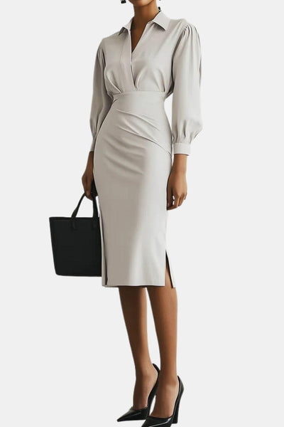 Artemisia – Light Grey Ruched Shirt Collar Two-Piece Skirt Set