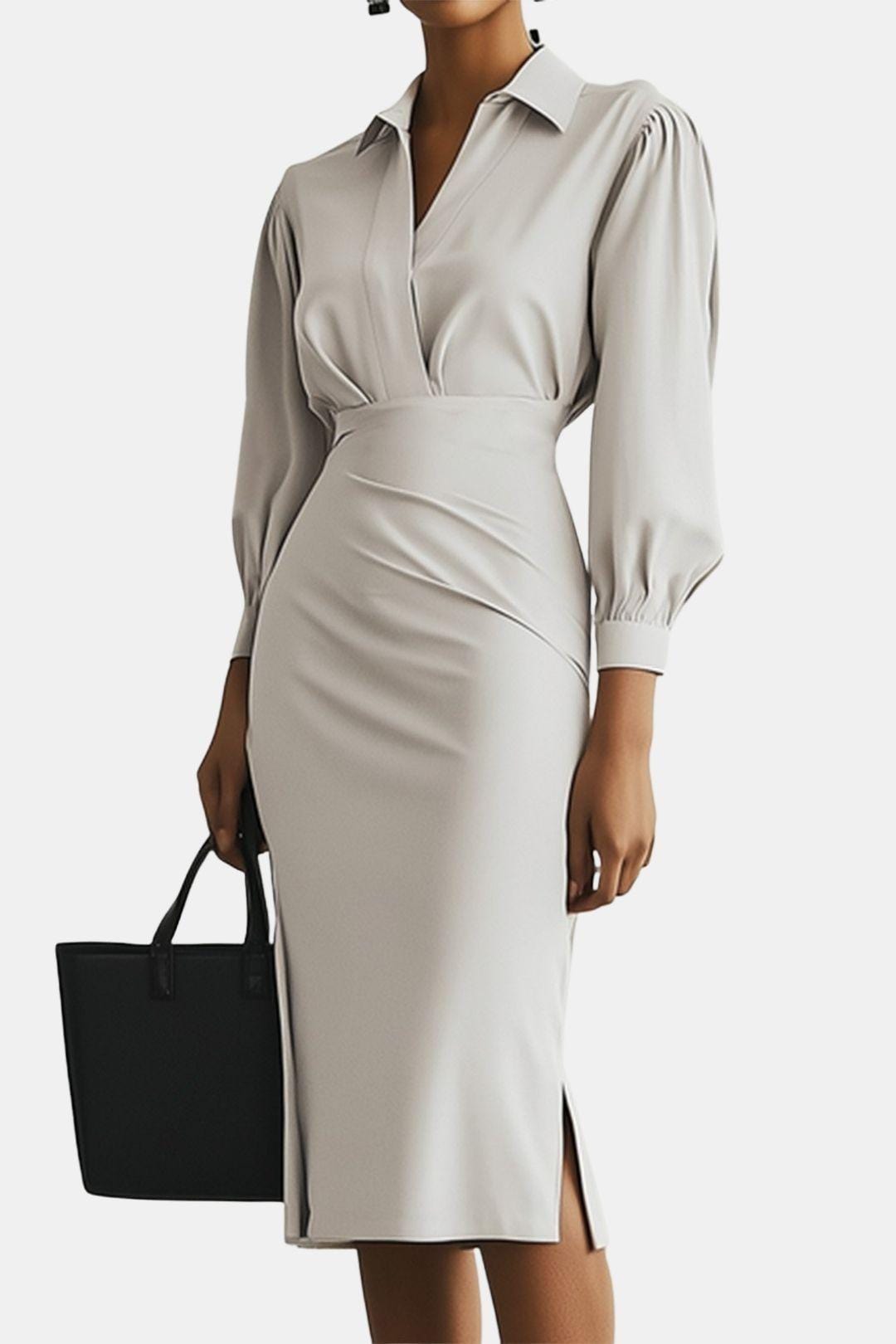 Artemisia – Light Grey Ruched Shirt Collar Two-Piece Skirt Set
