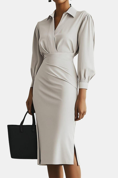 Artemisia – Light Grey Ruched Shirt Collar Two-Piece Skirt Set