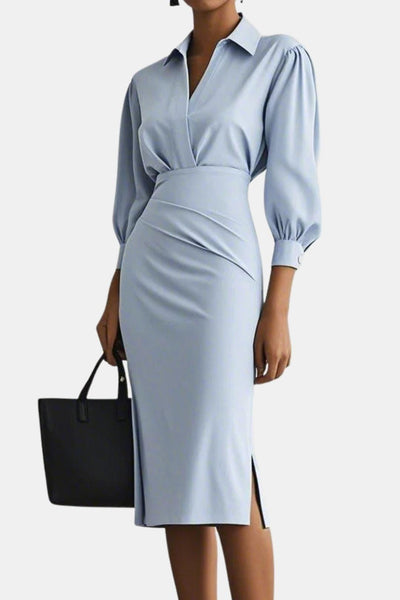 Artemisia – Light Grey Ruched Shirt Collar Two-Piece Skirt Set