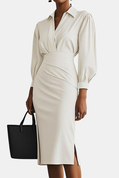 Artemisia – Light Grey Ruched Shirt Collar Two-Piece Skirt Set