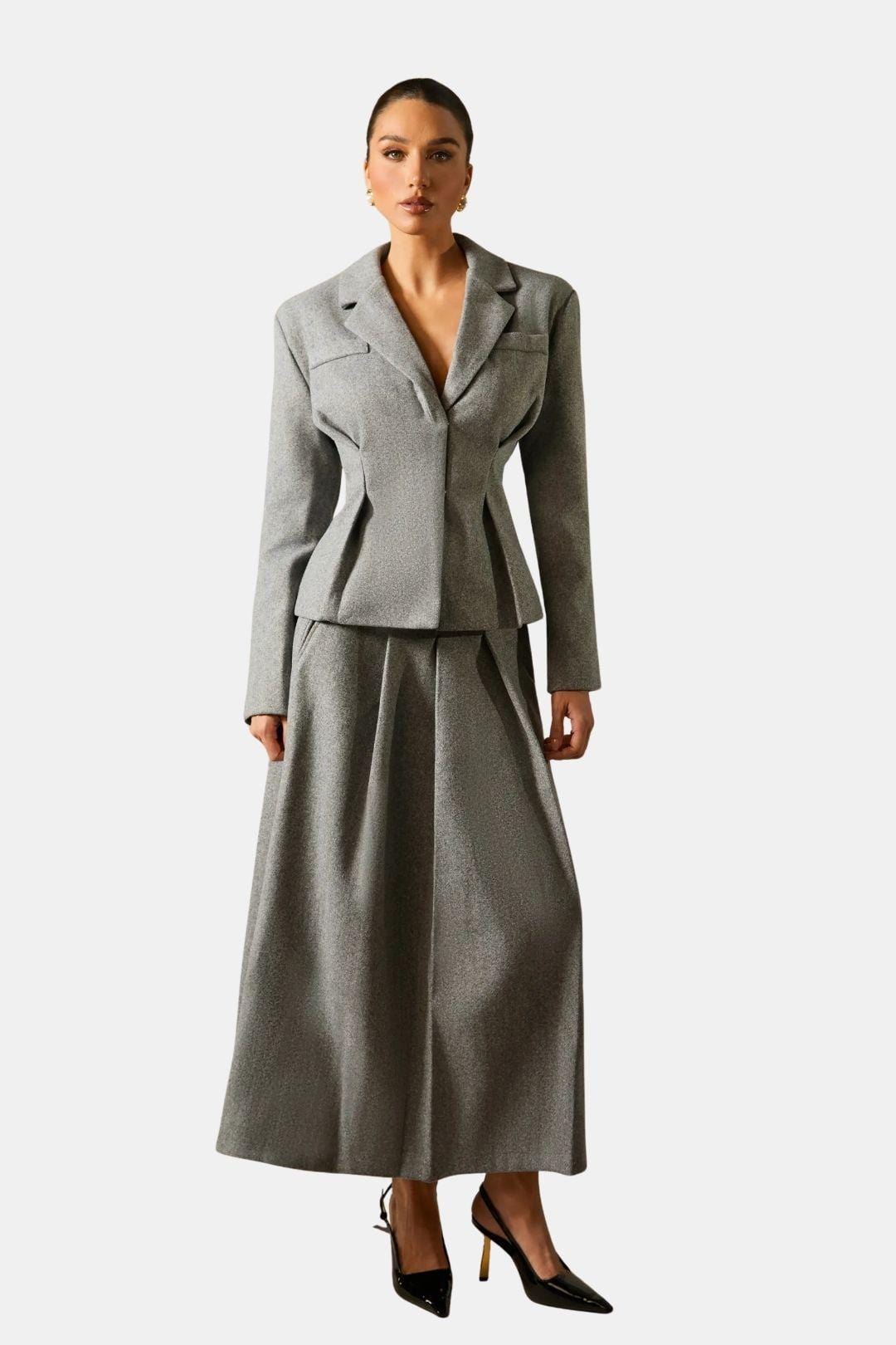 Audrey – Grey Blazer and Pleated Midi Skirt Set
