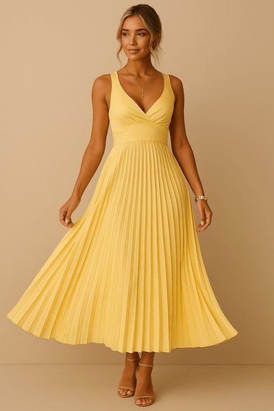 Aurora – Sleeveless Pleated Midi Dress in Yellow