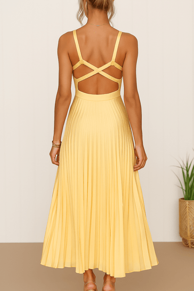 Aurora – Sleeveless Pleated Midi Dress in Yellow
