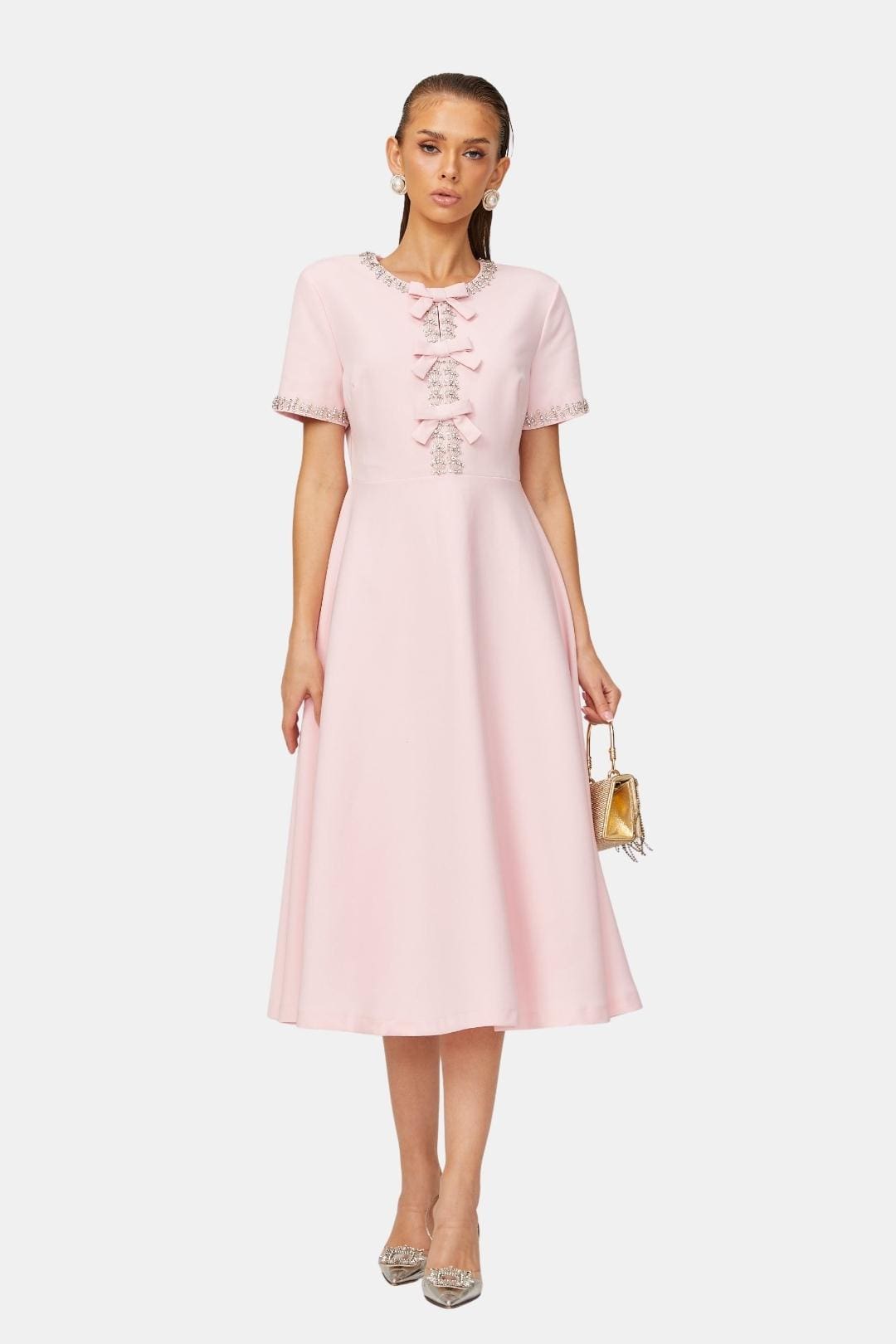 Avelisse - Bowknot Crystal-Embellished Midi Cocktail Dress