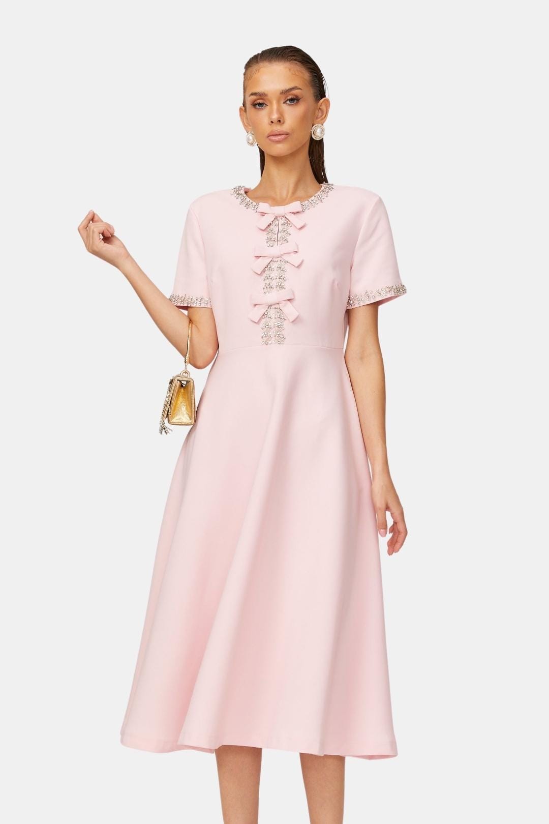Avelisse - Bowknot Crystal-Embellished Midi Cocktail Dress