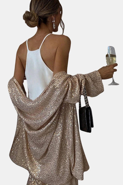 Blanche – Sequin Party Open Front Long Sleeve Coat