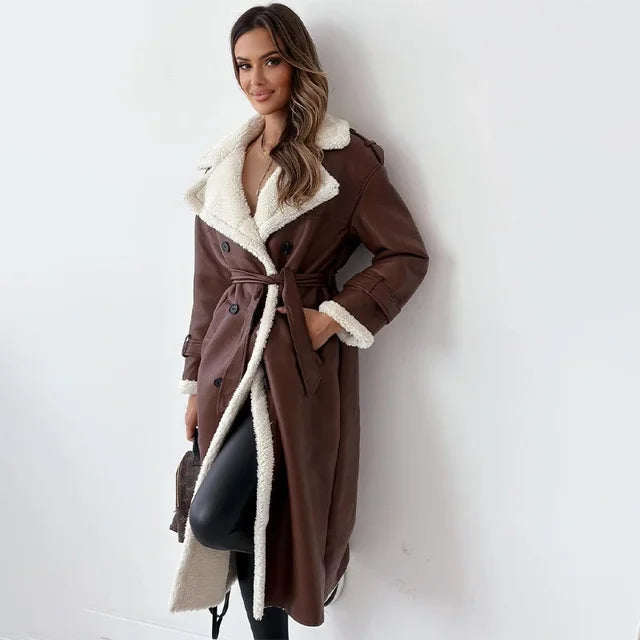 Faux Shearling-Lined Long Coat | Double-Breasted Design | Cosy Winter Statement