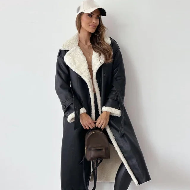 Faux Shearling-Lined Long Coat | Double-Breasted Design | Cosy Winter Statement