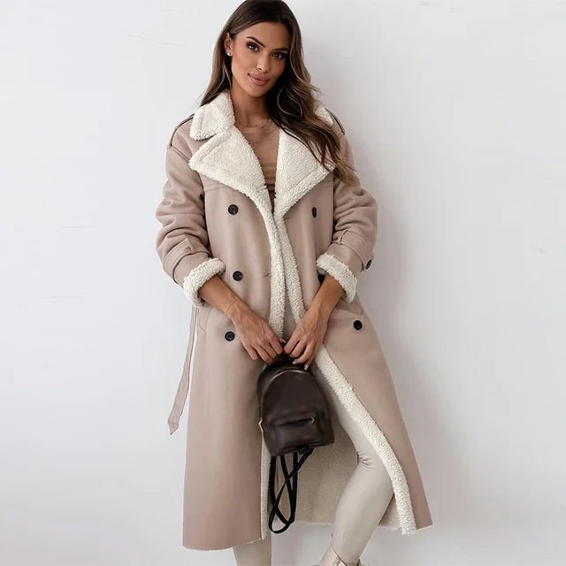 Faux Shearling-Lined Long Coat | Double-Breasted Design | Cosy Winter Statement