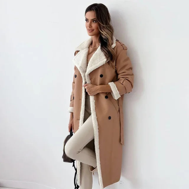 Faux Shearling-Lined Long Coat | Double-Breasted Design | Cosy Winter Statement