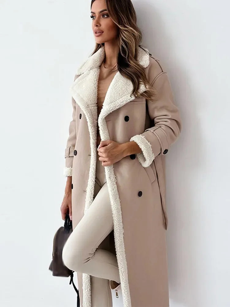 Faux Shearling-Lined Long Coat | Double-Breasted Design | Cosy Winter Statement