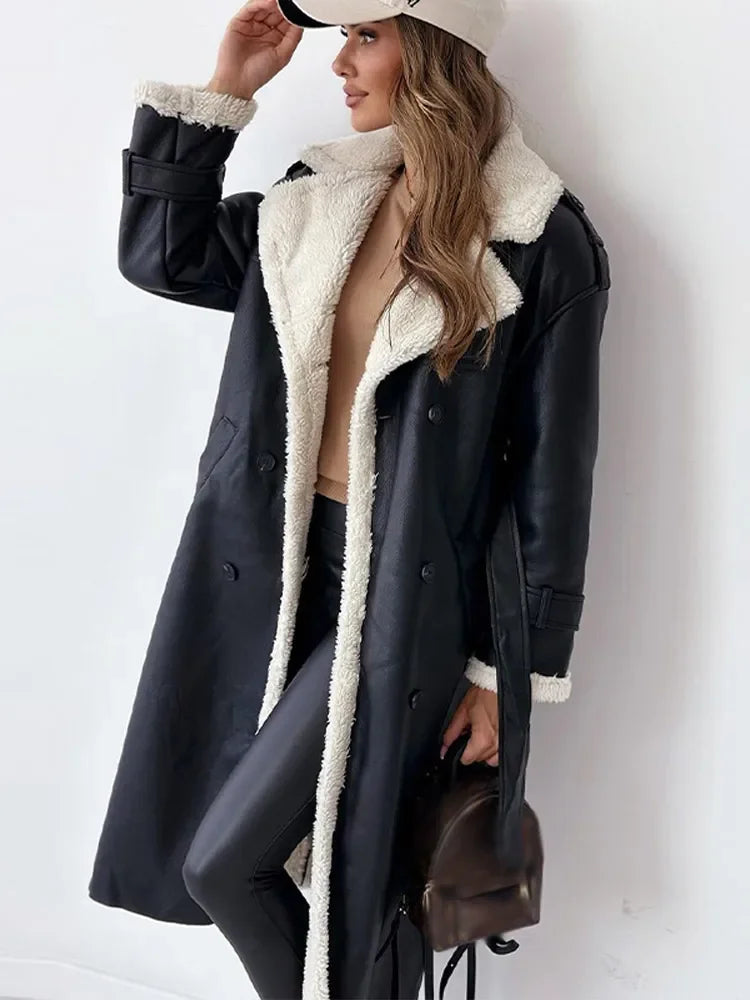 Faux Shearling-Lined Long Coat | Double-Breasted Design | Cosy Winter Statement