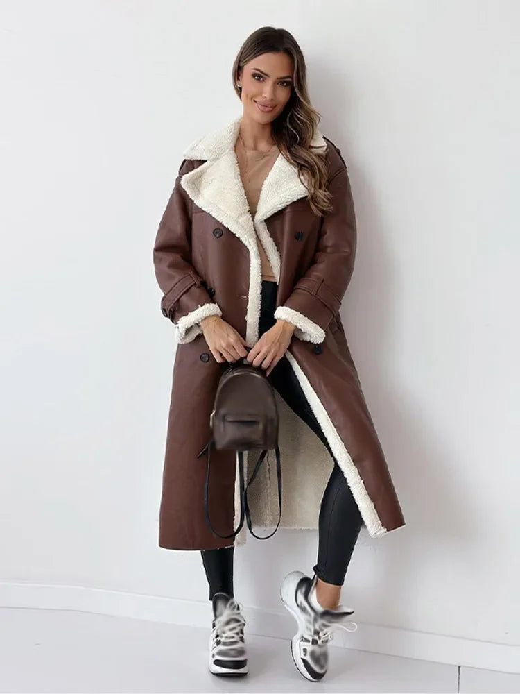 Faux Shearling-Lined Long Coat | Double-Breasted Design | Cosy Winter Statement