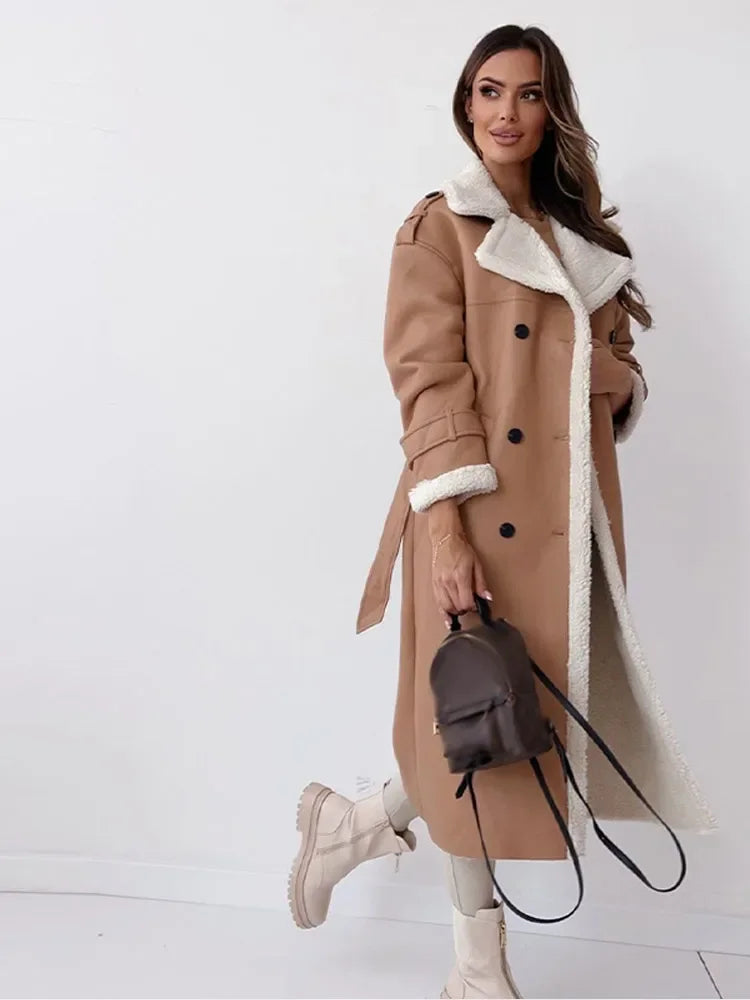 Faux Shearling-Lined Long Coat | Double-Breasted Design | Cosy Winter Statement