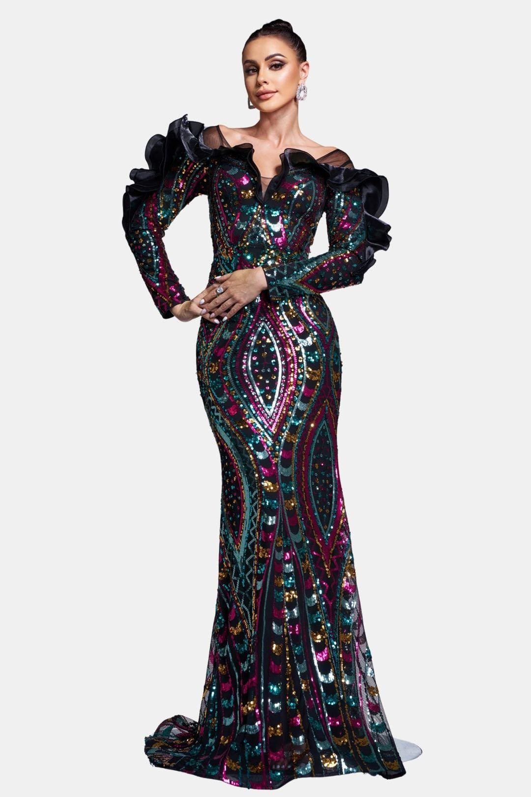 Brenda - Ruffled Off-Shoulder Sequin Mermaid Evening Dress