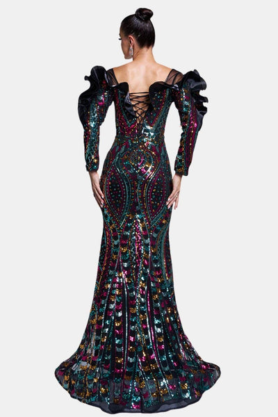 Brenda - Ruffled Off-Shoulder Sequin Mermaid Evening Dress