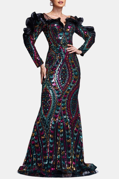 Brenda - Ruffled Off-Shoulder Sequin Mermaid Evening Dress