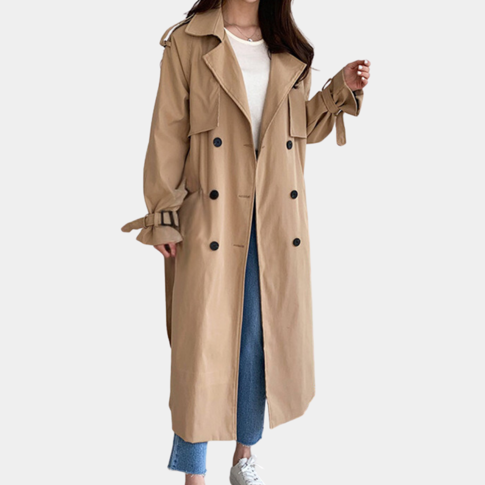 Oversized Draped Trench Coat | Adjustable Tie Sleeves | Flowing Longline Design