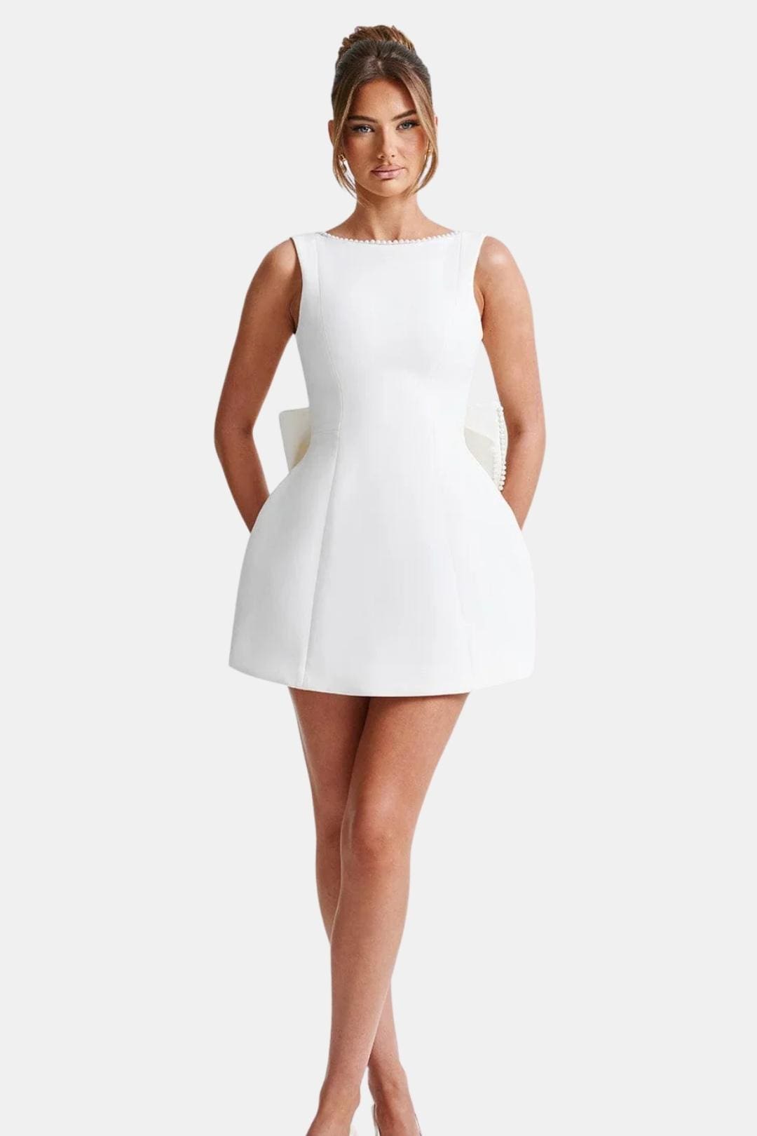 Calviera - Bowknot Pearl Backless Mini Cocktail Dress