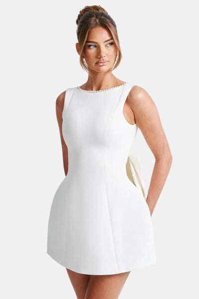 Calviera - Bowknot Pearl Backless Mini Cocktail Dress