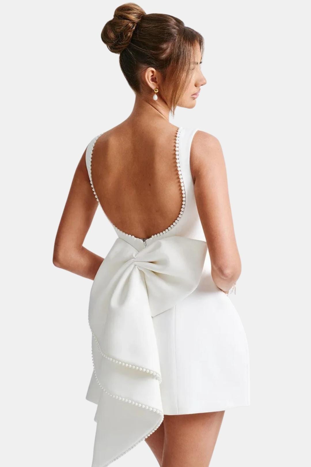 Calviera - Bowknot Pearl Backless Mini Cocktail Dress