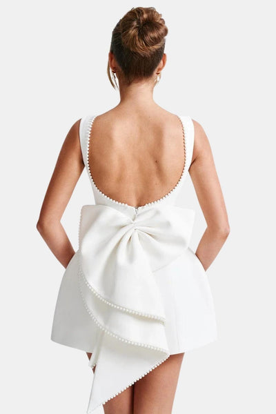 Calviera - Bowknot Pearl Backless Mini Cocktail Dress