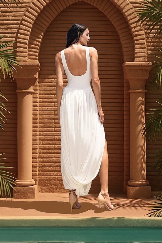 Simona - Side Slit Draped Maxi Dress in White