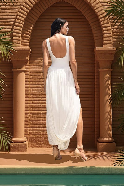 Simona - Side Slit Draped Maxi Dress in White