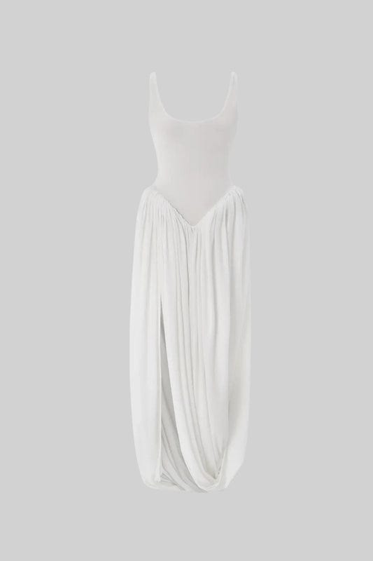 Simona - Side Slit Draped Maxi Dress in White