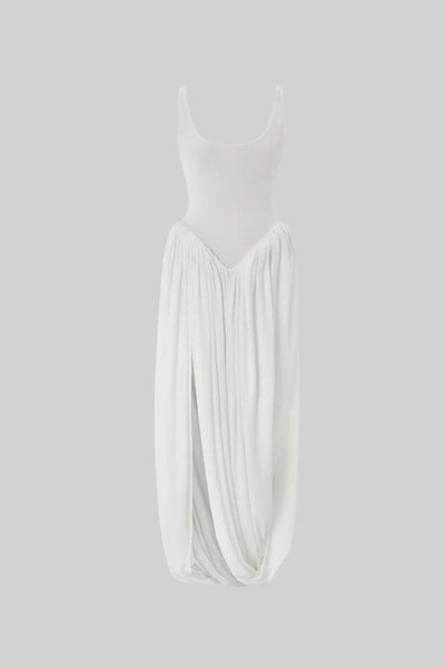 Simona - Side Slit Draped Maxi Dress in White