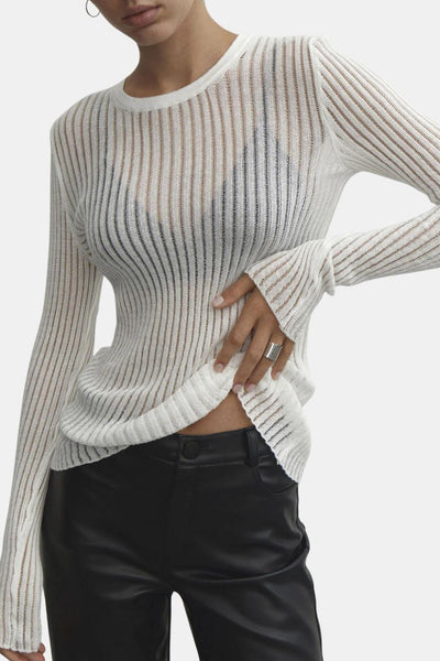 Cleah – See-Through Ribbed Mesh Long Sleeve Top