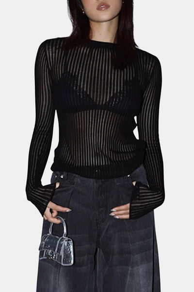 Cleah – See-Through Ribbed Mesh Long Sleeve Top